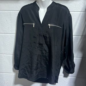 Michael Kors size 8 black blouse with silver zipper pockets on chest